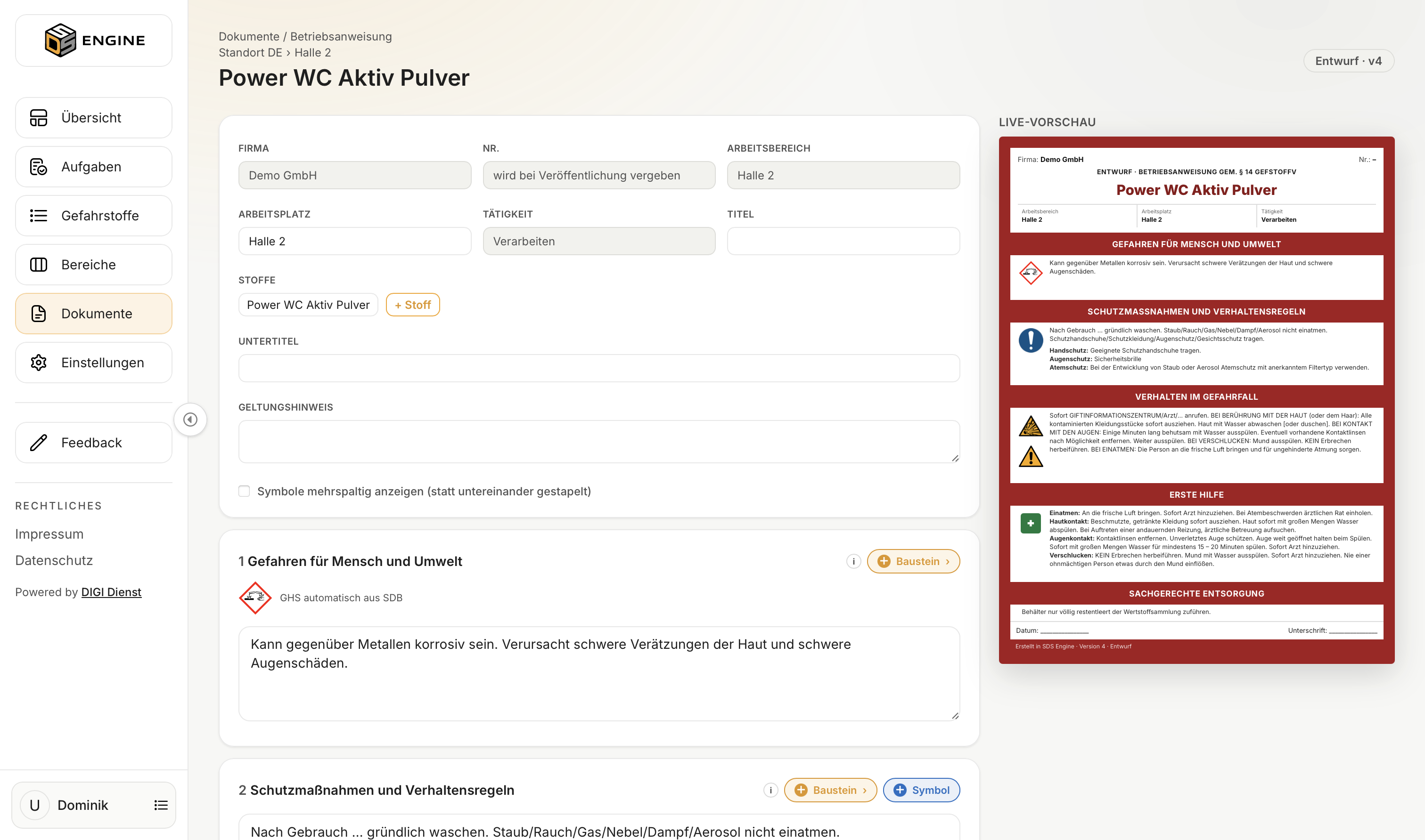 Betriebsanweisungs-Editor mit Live-Vorschau