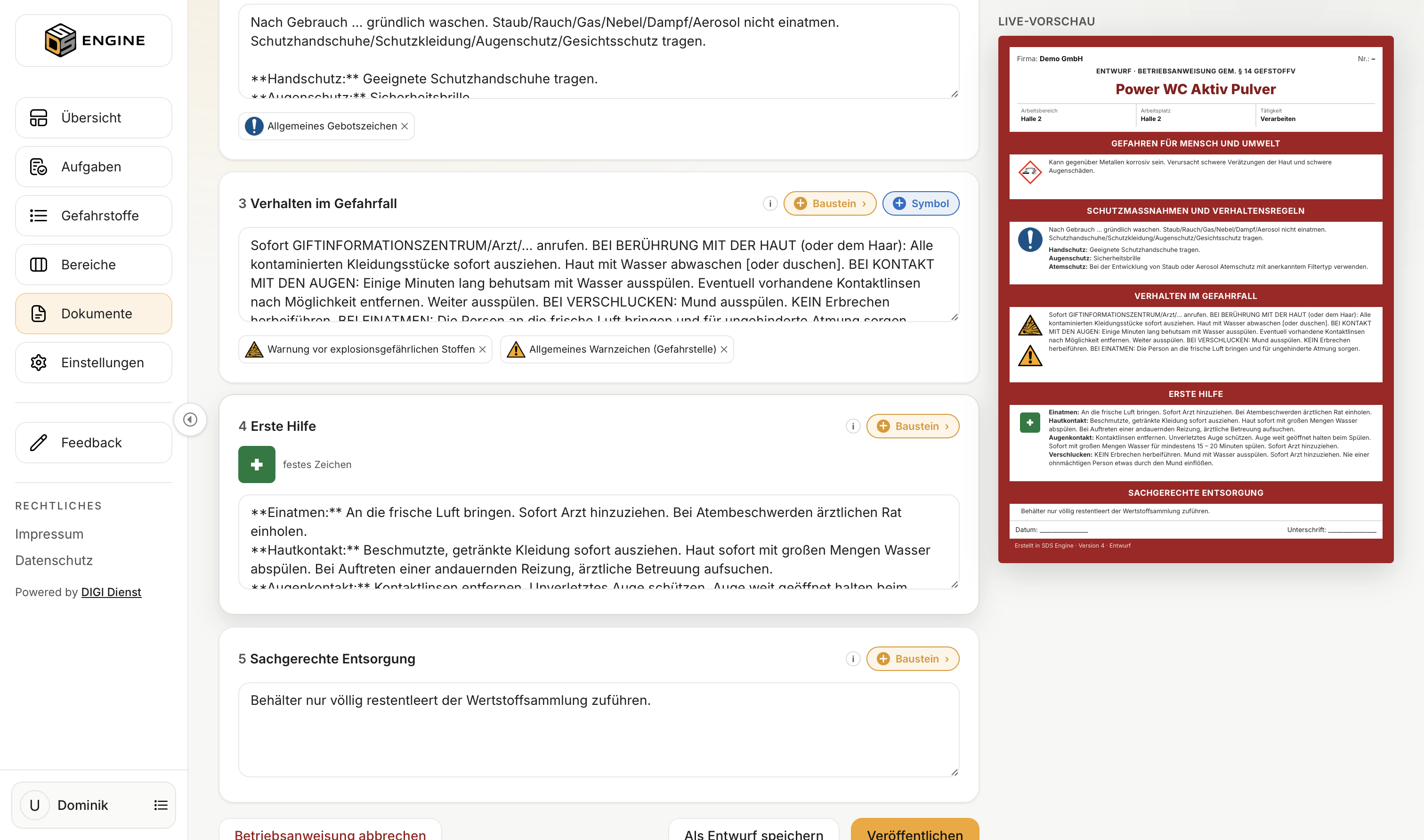 Auswahl der Sicherheitszeichen und Piktogramme im Editor
