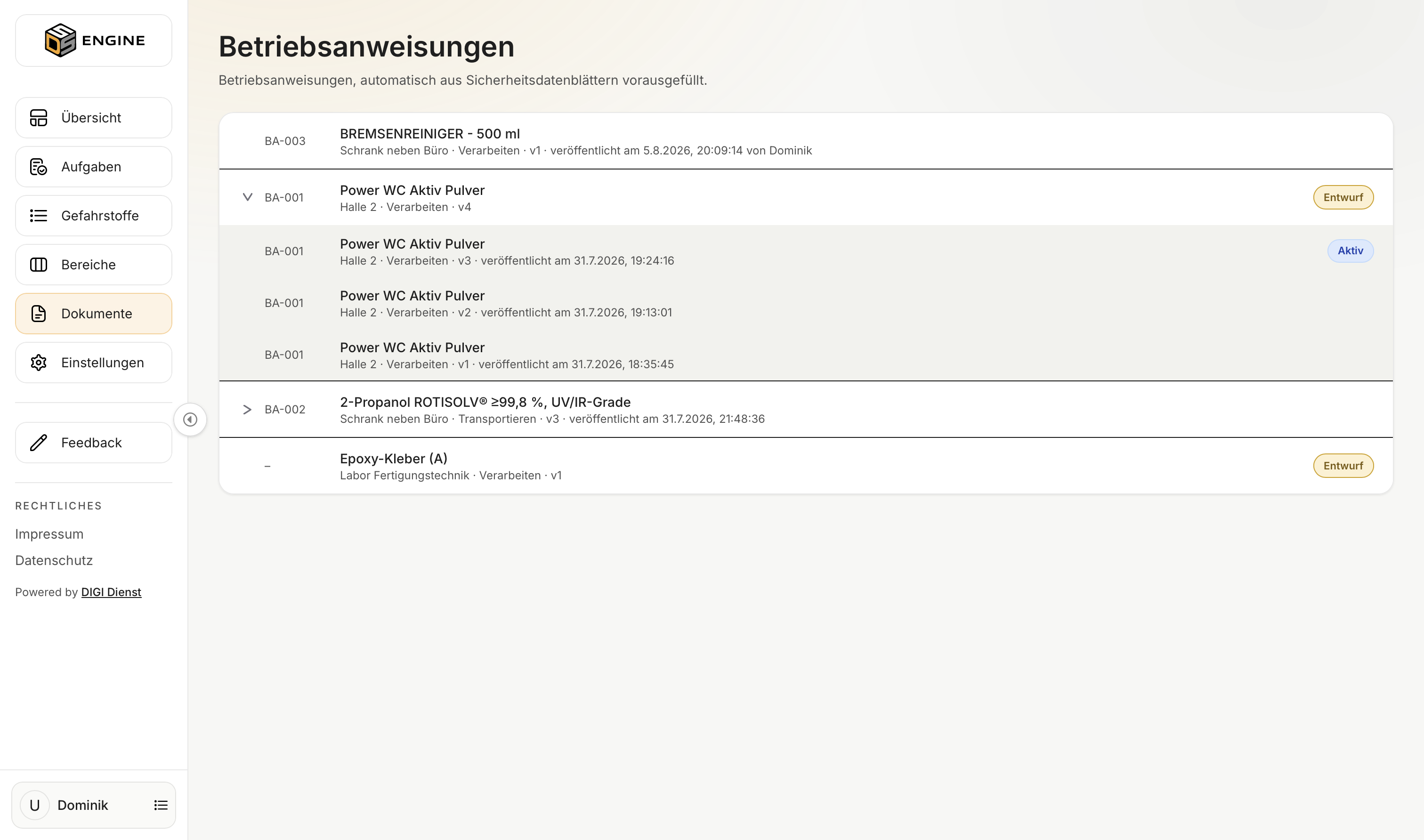 Liste der Betriebsanweisungen mit Status und Version
