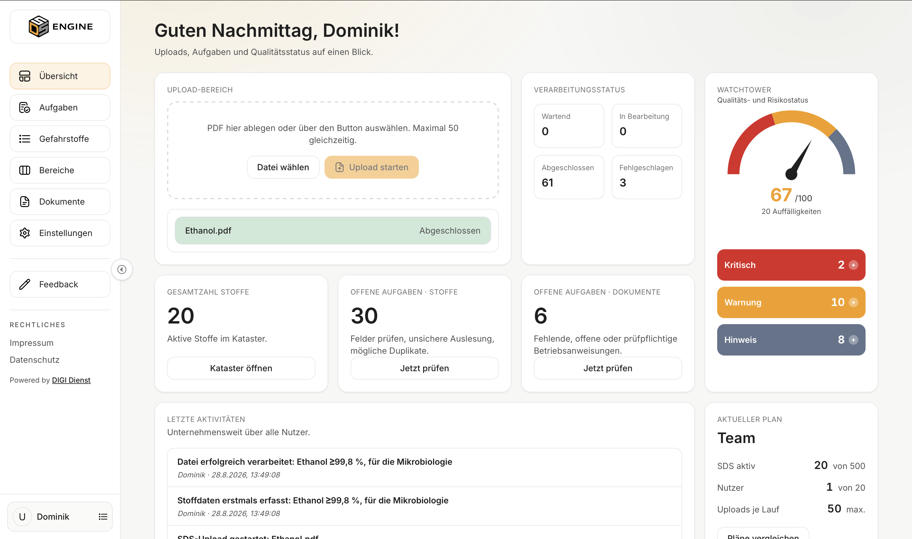 Übersicht mit Upload-Bereich und abgeschlossener Verarbeitung