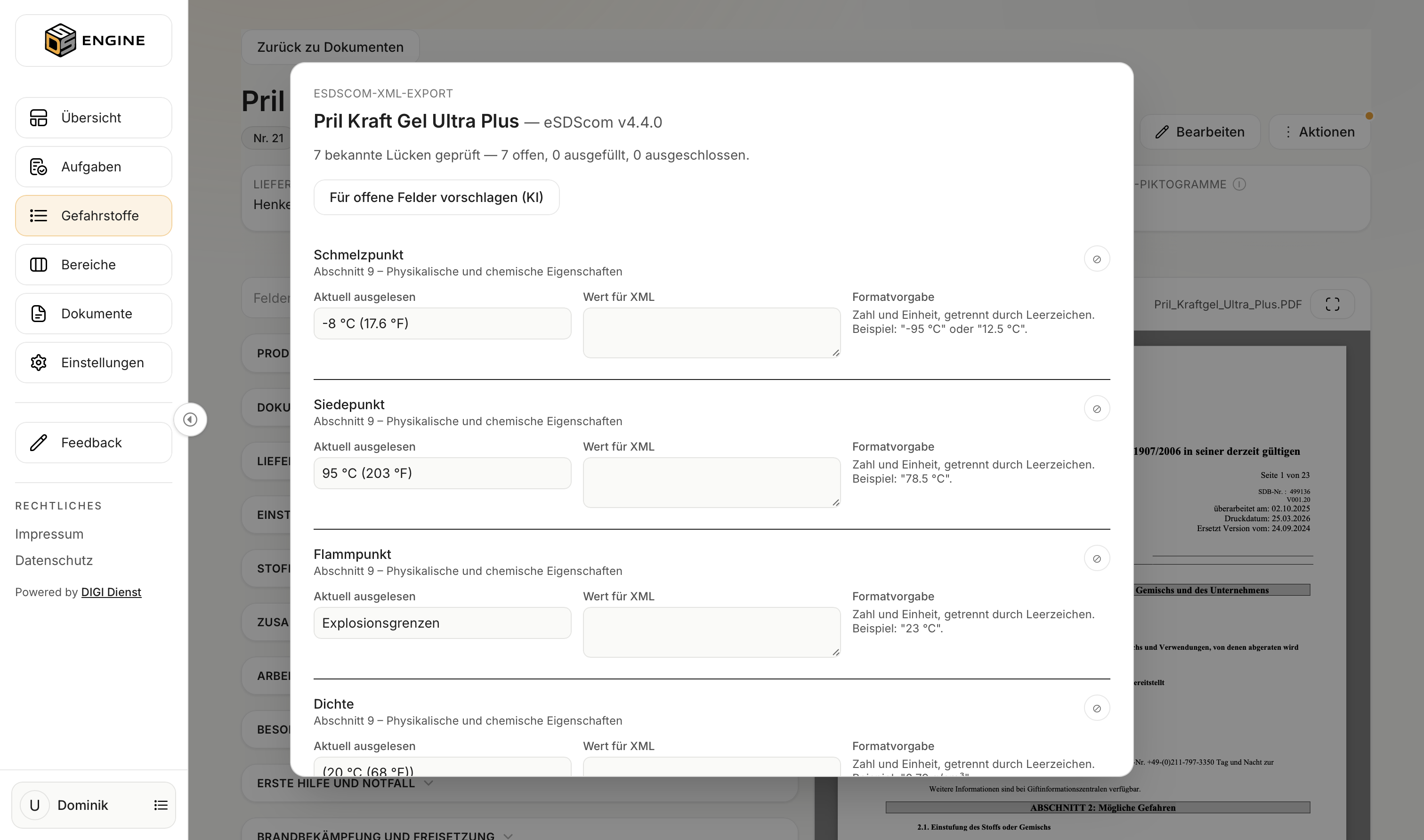 Export-Dialog mit Prüfung nicht standardkonformer Felder