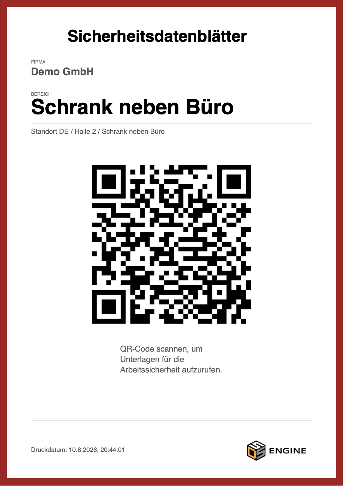 A4-Poster mit QR-Code, Firmenname, Bereich und Standortpfad